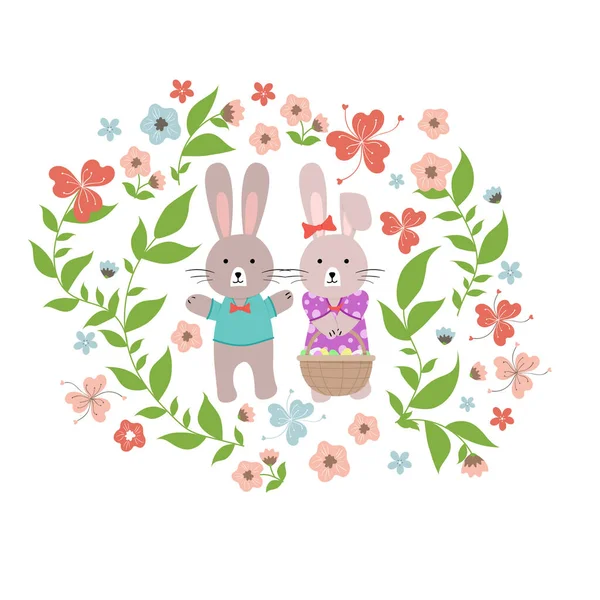 Dos Conejitos Pascua Conejo Sosteniendo Una Canasta Con Huevos Pascua — Vector de stock