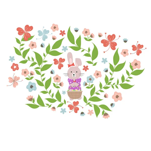 Rabbit Holding Basket Easter Eggs Template Birthday Card Vector Illustration — Stock Vector