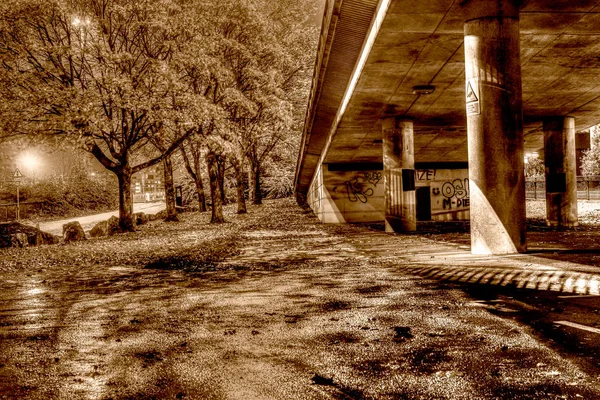 Tree Lined Pathway along Viaduct Bristol HDR sepia — Stock Photo, Image