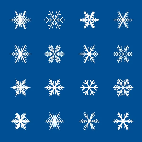 Coleção de flocos de neve brancos sobre fundo azul. Ilustração vetorial — Vetor de Stock