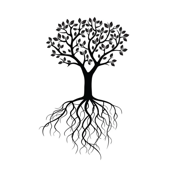 Svart träd med rötterna. Vektorillustration. — Stock vektor