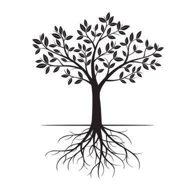 Siyah ağaç ve yapraklar. Vektör çizim.