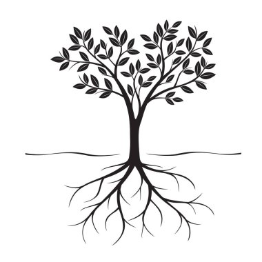 Siyah ağaç ve yapraklar. Vektör çizim.