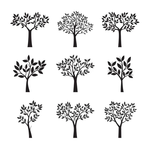 Set van zwart bomen en bladeren. Vectorillustratie. — Stockvector