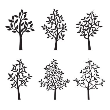 Siyah ağaçlar ve Leafs ayarlayın. Vektör çizim.