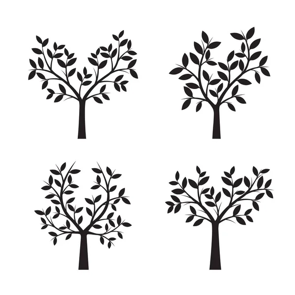 Set Black Trees with Leafs. Vector Illustration. — Stock Vector