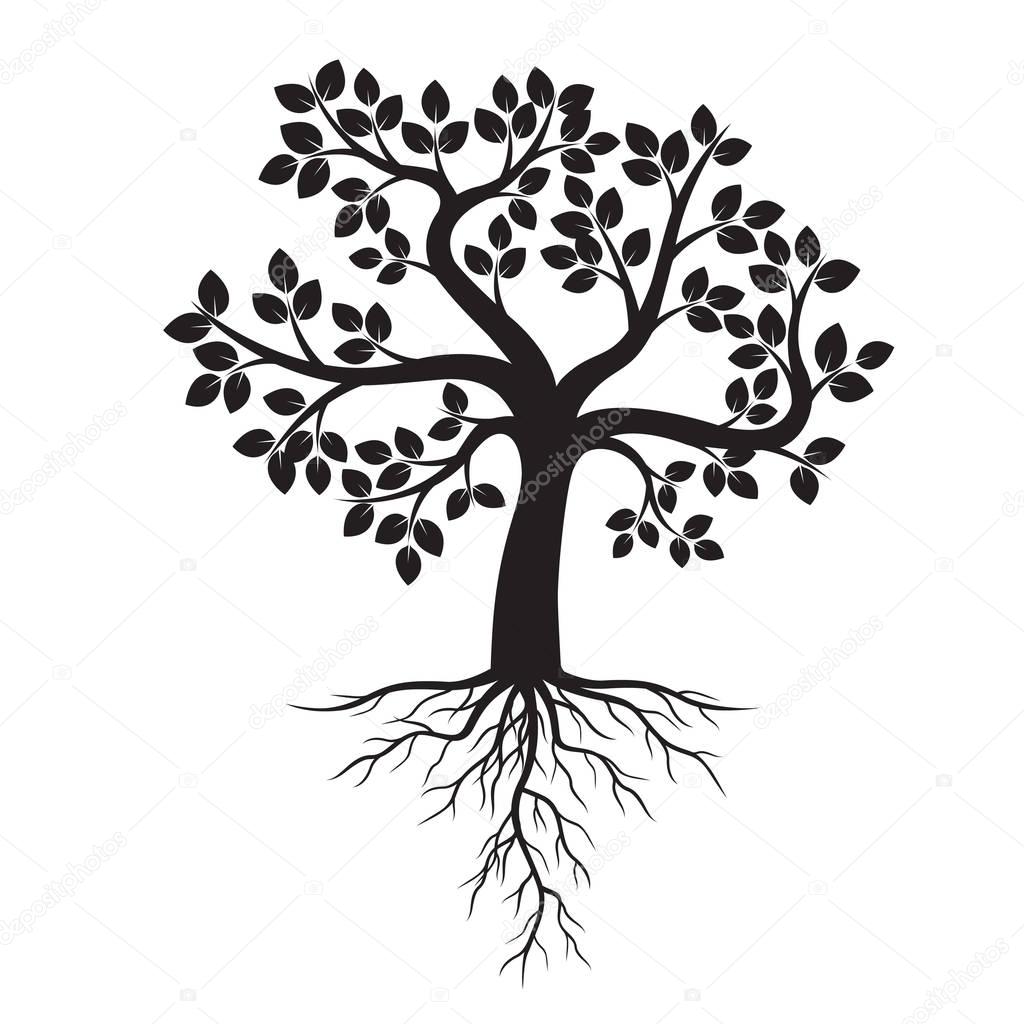 Black Tree with Roots. Vector Illustration.