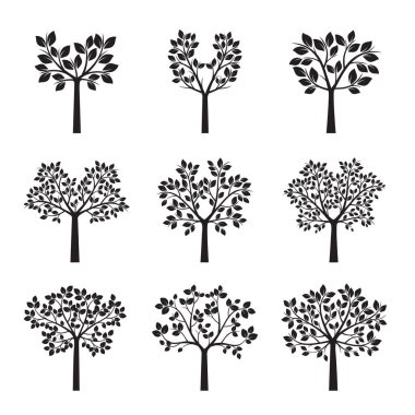 Set siyah ağaçlarıyla yapraklar. Vektör çizim.