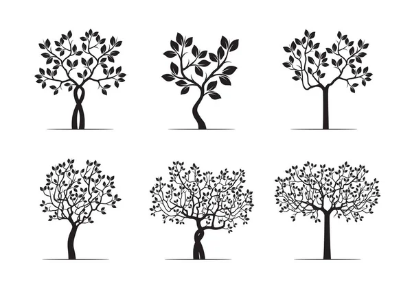 Set zwart bomen met bladeren. Vectorillustratie. — Stockvector