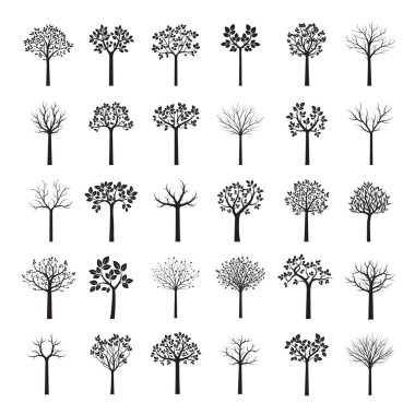Siyah ağaçlar ve Leafs ayarlayın. Vektör çizim.