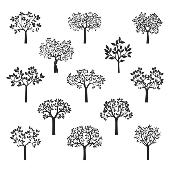 Schwarze Bäume mit Blättern setzen. Vektorillustration. — Stockvektor