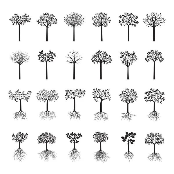 Setați copaci negri și frunze. Vector Illustration . — Vector de stoc