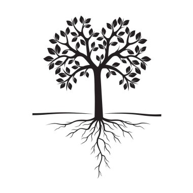 Siyah ağaçlar ve kökleri. Vektör çizim.