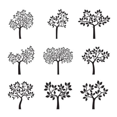 Siyah ağaçlar yapraklarla ayarlayın. Vektör çizim.
