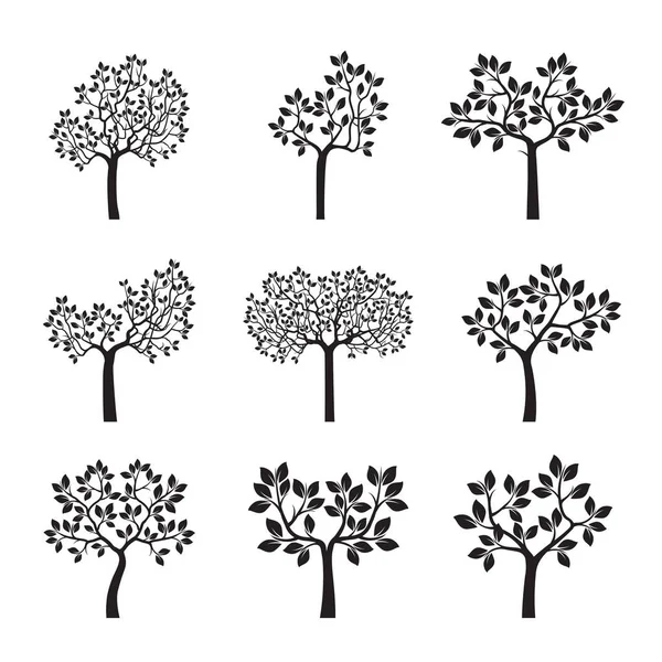 Schwarze Bäume mit Blättern setzen. Vektorillustration. — Stockvektor