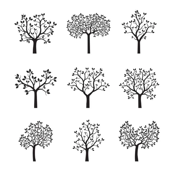 Siyah ağaçlar yapraklarla kümesi. Vektör çizim.