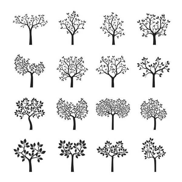 Set van zwart bomen met bladeren. Vectorillustratie. — Stockvector