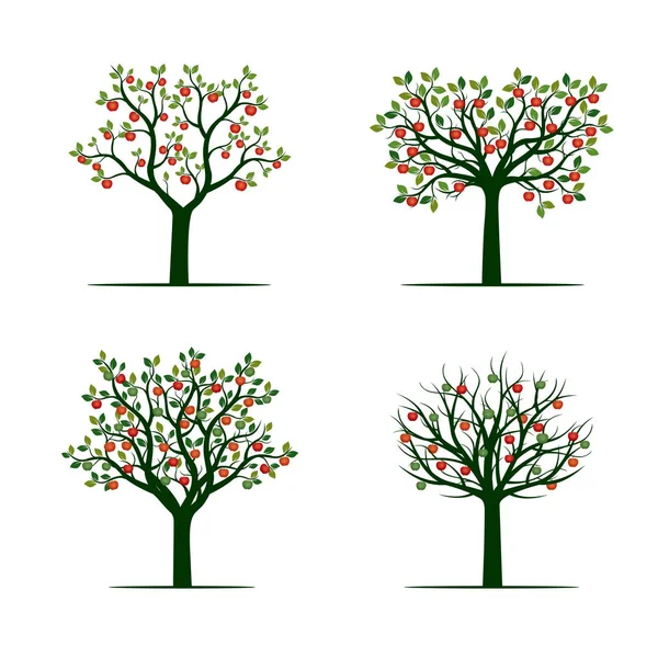 Conjunto de árbol verde con manzanas rojas. Ilustración vectorial . — Archivo Imágenes Vectoriales