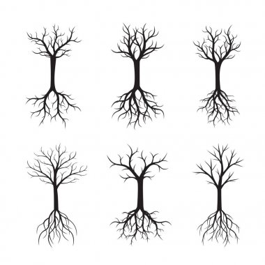 Siyah ağaçların yaprakları olmadan kümesi. Vektör çizim.