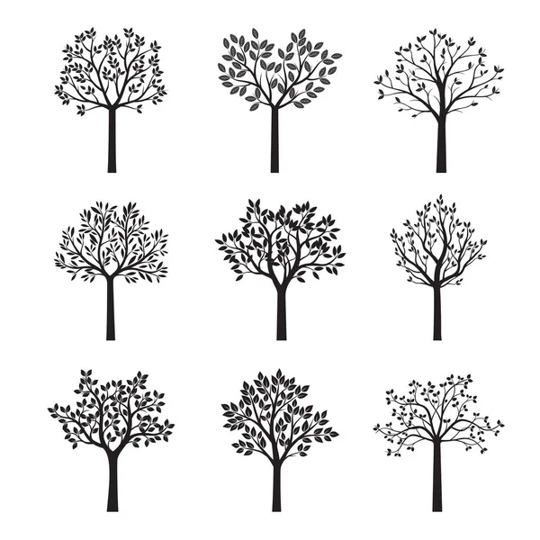 Set Black Trees with Leaves. Vector Illustration. — Stock Vector