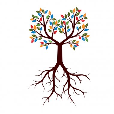 Güzel ağaç kökleri ve renkli yaprak. Vektör çizim.