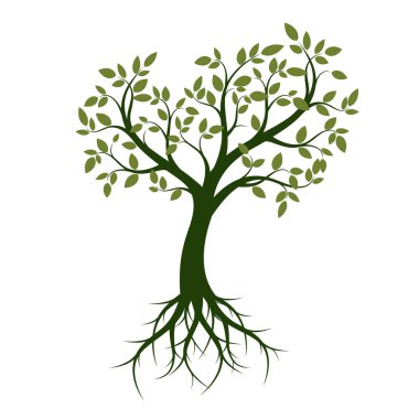 Yaprak ve kökler ile yeşil ağaç şeklinde. Vektör çizim.