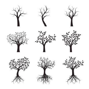 Siyah ağaçları ile yaprak ve kökler kümesi. Vektör çizim.