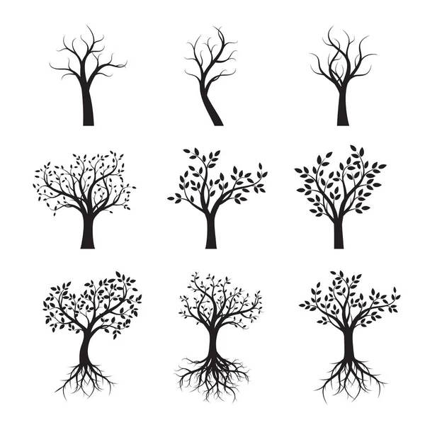 Conjunto de árboles negros con hojas y raíces. Ilustración vectorial . — Vector de stock