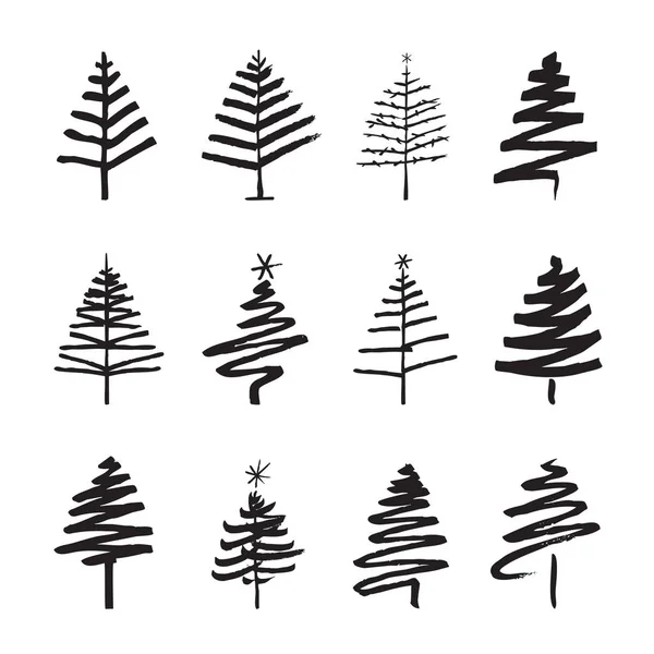 Conjunto de árvores de Natal Negras. Desenho Ilustração vetorial . — Vetor de Stock