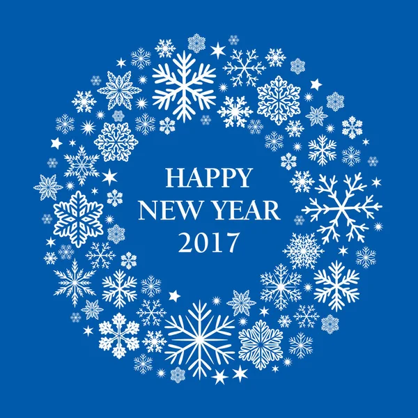 Szczęśliwego nowego roku i białe płatki śniegu na niebieskim tle. Ilustracja wektorowa. — Wektor stockowy