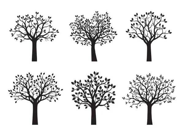 Set van zwart bomen met bladeren. Vectorillustratie. — Stockvector