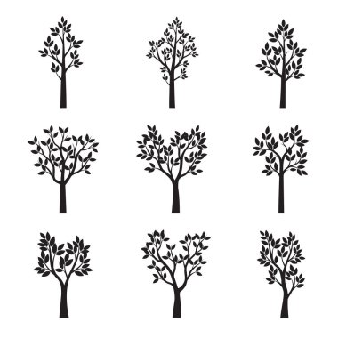 Siyah ağaçlar yapraklarla ayarlayın. Vektör çizim.