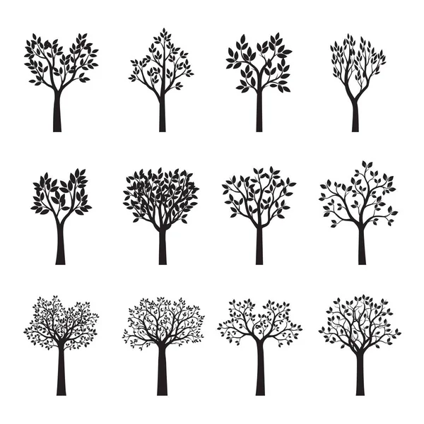 Set d'arbres noirs avec des feuilles. Illustration vectorielle . — Image vectorielle