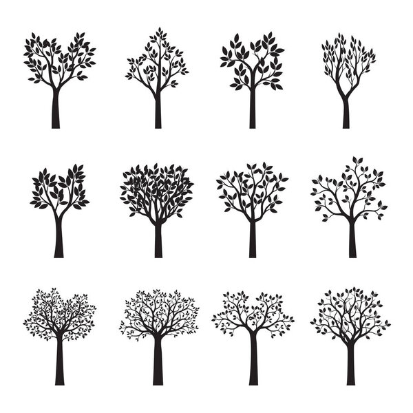Set Black Trees with Leaves. Vector Illustration.