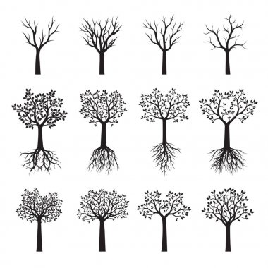 Siyah ağaçlar yapraklarla ayarlayın. Vektör çizim.