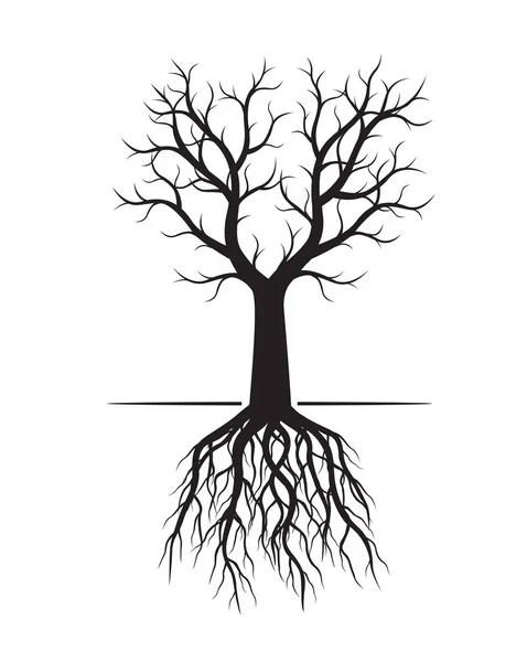 Чёрное голое дерево с корнями. Векторная иллюстрация и графический элемент — стоковый вектор