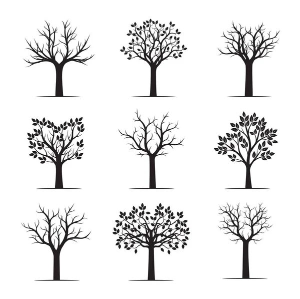 Set zwart naakte bomen. Vectorillustratie. — Stockvector
