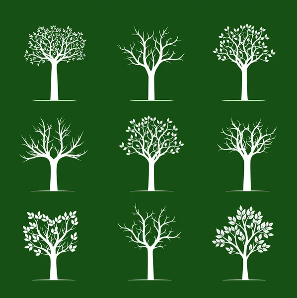 Zestaw biały drzewa na zielonym tle. Ilustracja wektorowa. — Wektor stockowy