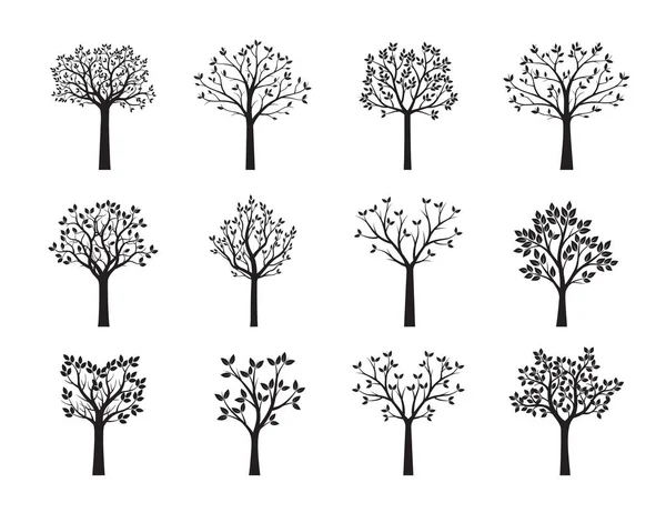 Zestaw czarny drzewa z liśćmi. Ilustracja wektorowa. — Wektor stockowy