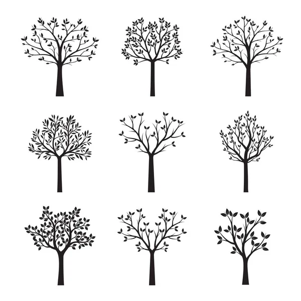 Set zwart bomen met bladeren. Vectorillustratie. — Stockvector