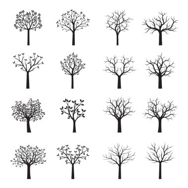 Siyah ağaçlar yapraklarla ayarlayın. Vektör çizim.