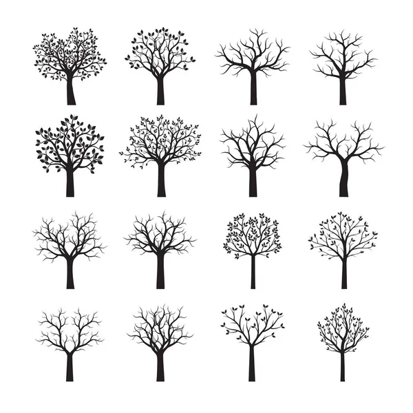 Set d'arbres noirs avec des feuilles. Illustration vectorielle . — Image vectorielle