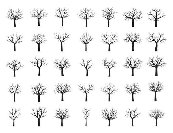 Zestaw czarny drzewa z liśćmi. Ilustracja wektorowa. — Wektor stockowy