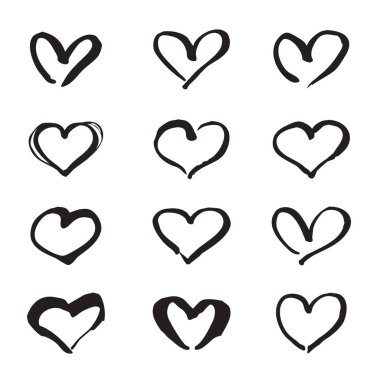 Siyah elle çizilmiş kalpler. Sevgililer günü için tasarım öğeleri.
