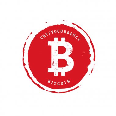 Kırmızı Pul ve bitcoin simgesi. Vektör çizim.