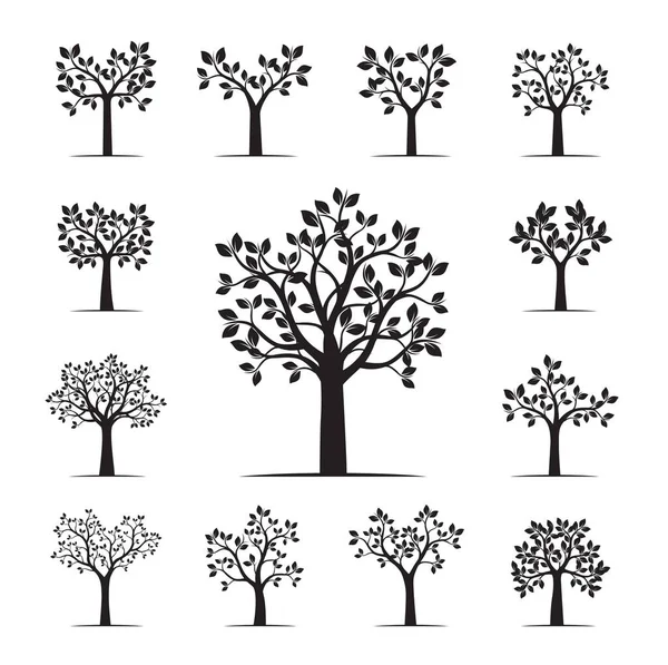 Ensemble d'arbres noirs avec feuilles. Illustration vectorielle . — Image vectorielle