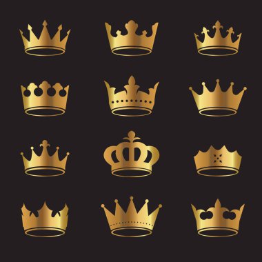 Altın vektör kral tacı ve simge seti siyah arkaplanda. Vektör İllüstrasyonu. Amblem ve kraliyet sembolleri.