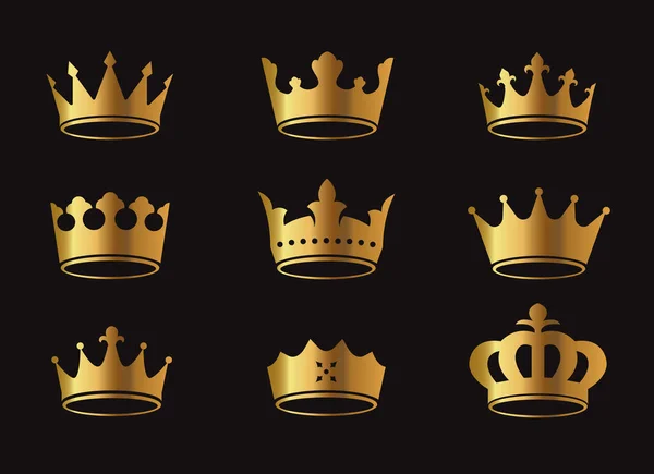 黒の背景に金色のベクトルキングクラウンとアイコンのセット ベクトルイラスト 象徴と王室のシンボル — ストックベクタ
