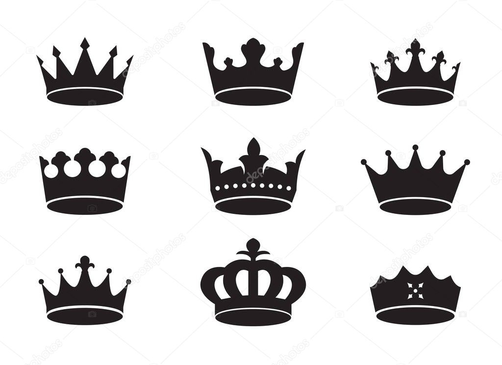 Set of black vector king crowns and icon on black background. Vector Illustration. Emblem and royal symbols.
