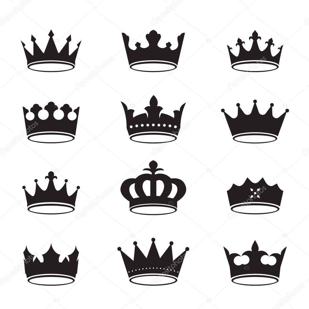 Set of black vector king crowns and icon on black background. Vector Illustration. Emblem and royal symbols.